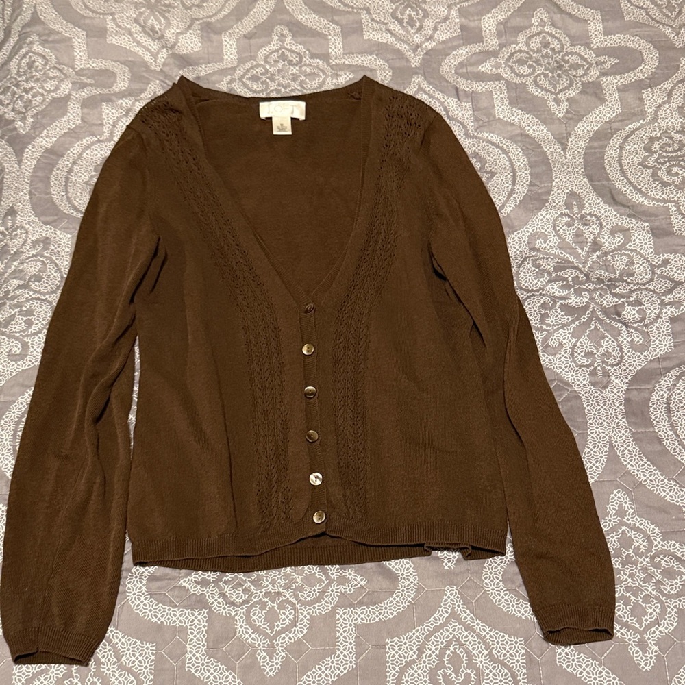 LOFT Brown V-Neck Button-Front Cardigan